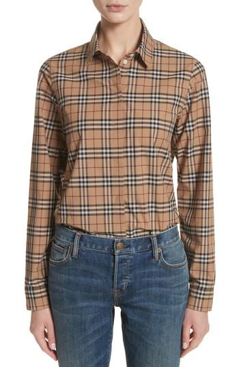 Women's Burberry Check Print Cotton Shirt - Brown