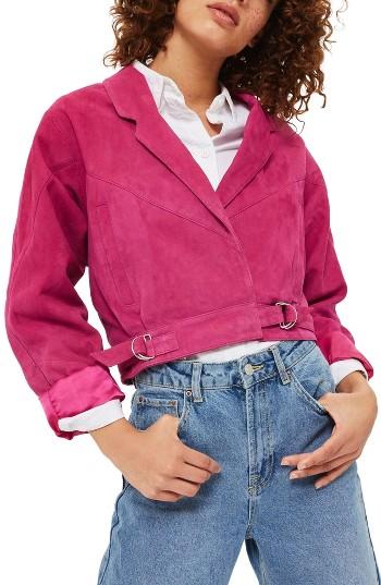 Women's Topshop Maggie Crop Suede Jacket Us (fits Like 0) - Pink