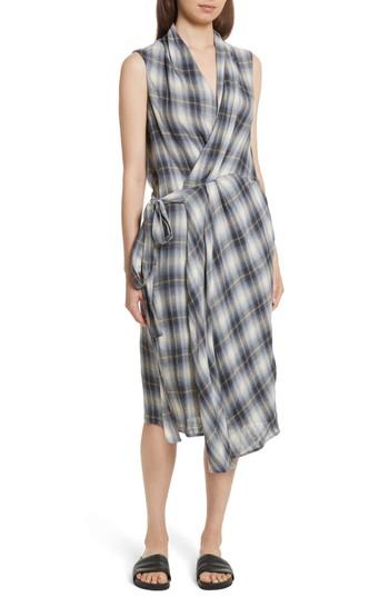 Women's Vince Shadow Plaid Sleeveless Wrap Dress - Blue