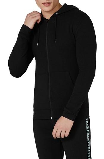 Men's Topman Muscle Fit Zip Through Hoodie - Black