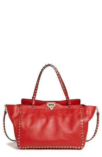 Valentino 'rockstud - Medium' Double Handle Leather Tote Red