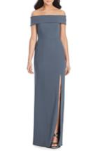 Women's Dessy Collection Off The Shoulder Side Slit Crepe Gown - Grey