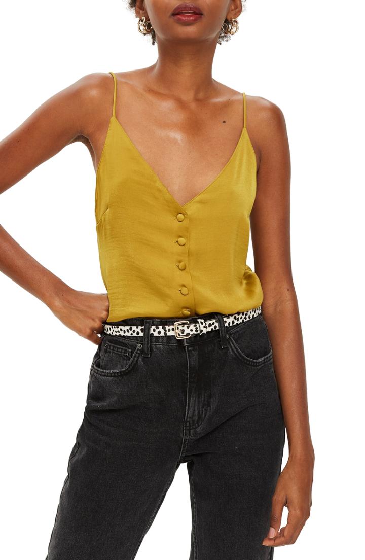 Women's Topshop Satin Button Through Cami Top Us (fits Like 16-18) - Yellow