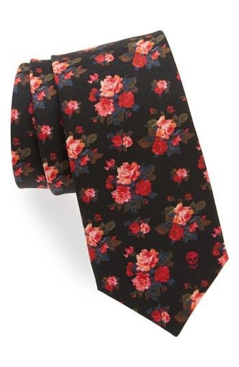 Men's Alexander Mcqueen Painted Roses Silk Tie, Size - Black