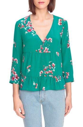 Women's Sezane Anna Floral Silk Blouse Us / 34 Fr - Blue/green