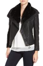Women's Love Token Faux Leather Jacket With Faux Shearling Trim - Black