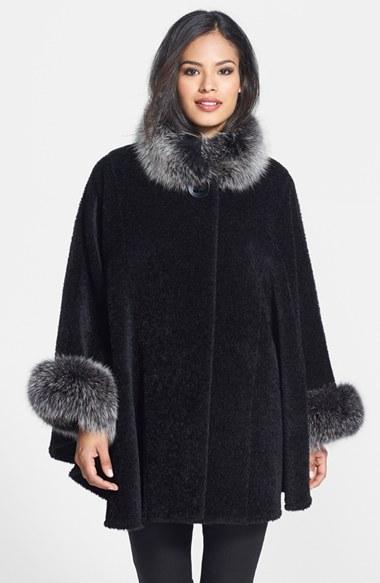 Women's Blue Duck Genuine Fox Fur Trim Wool Blend Cape