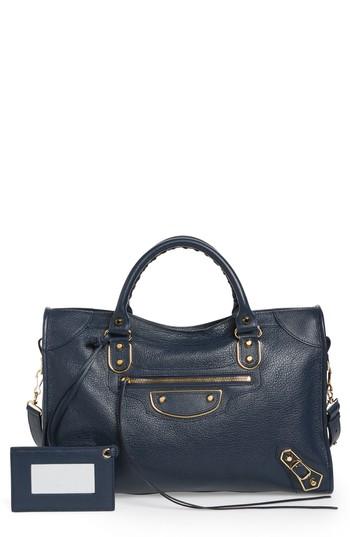 Balenciaga Metallic Edge City Goatskin Leather Tote - Blue