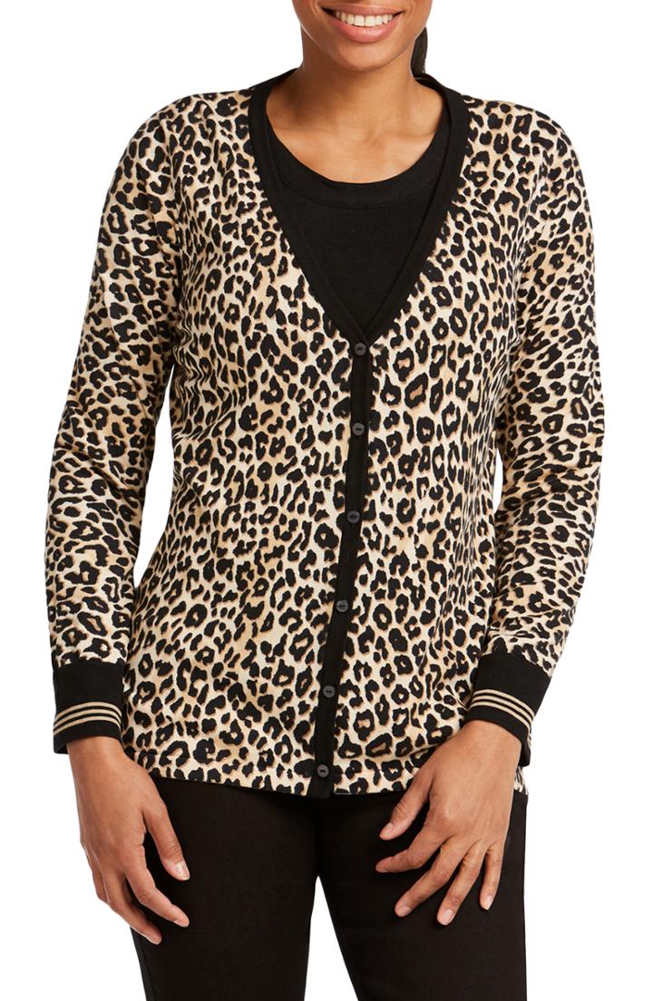 Women's Foxcroft Veronika Leopard Print Cardigan Sweater - Beige