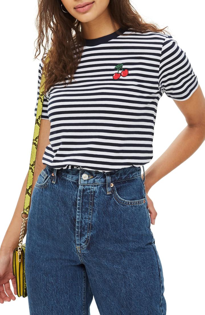 Women's Topshop By Tee & Cake Cherry Stripe Tee Us (fits Like 0) - Blue