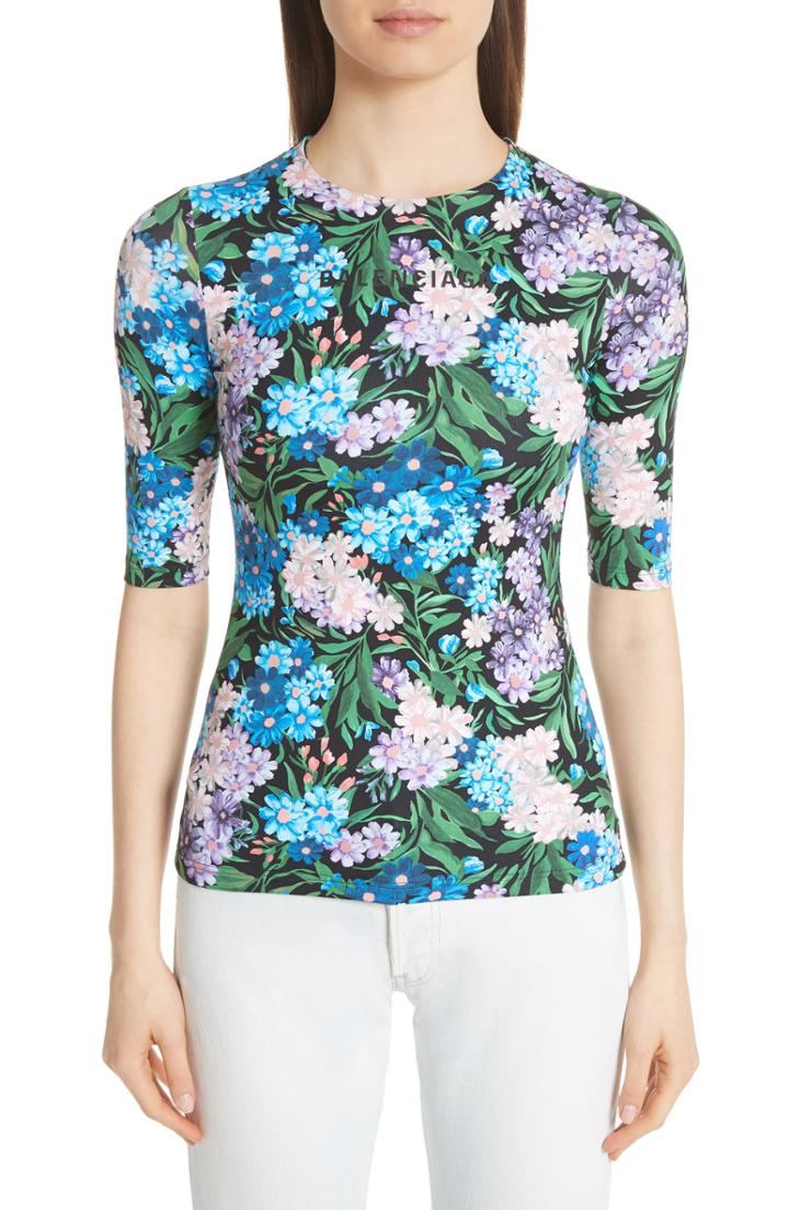 Women's Balenciaga Floral Print Jersey Tee Us / 38 Fr - Blue