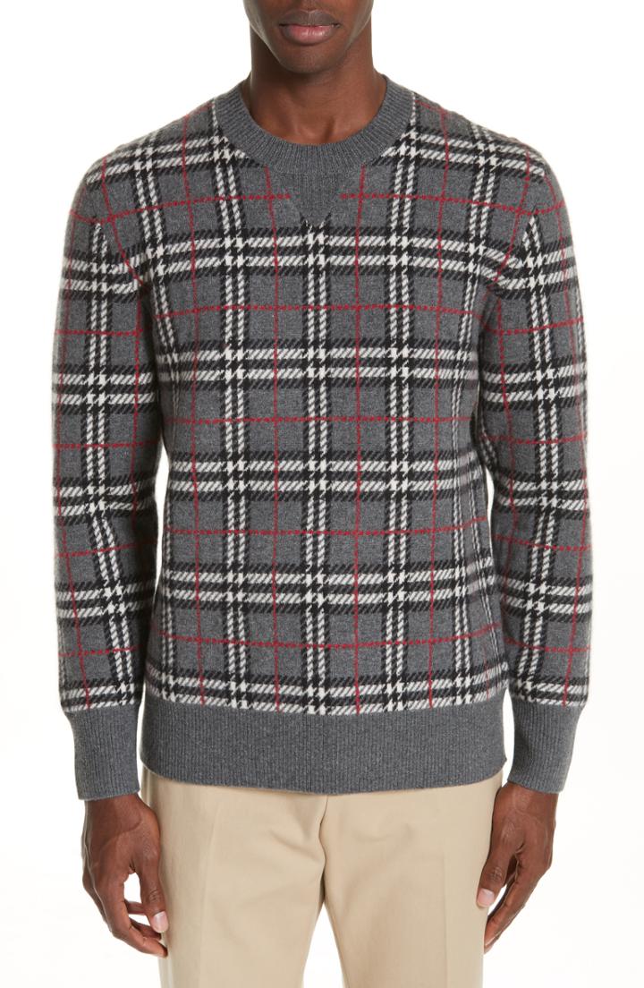 Men's Burberry Banbury Check Cashmere Sweater - Grey