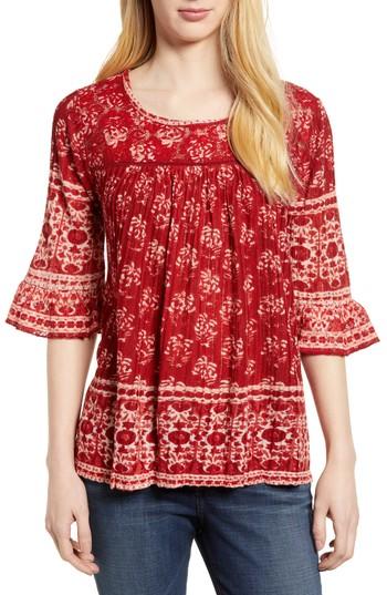 Women's Lucky Brand Blue And White Bell Sleeve Top - Red