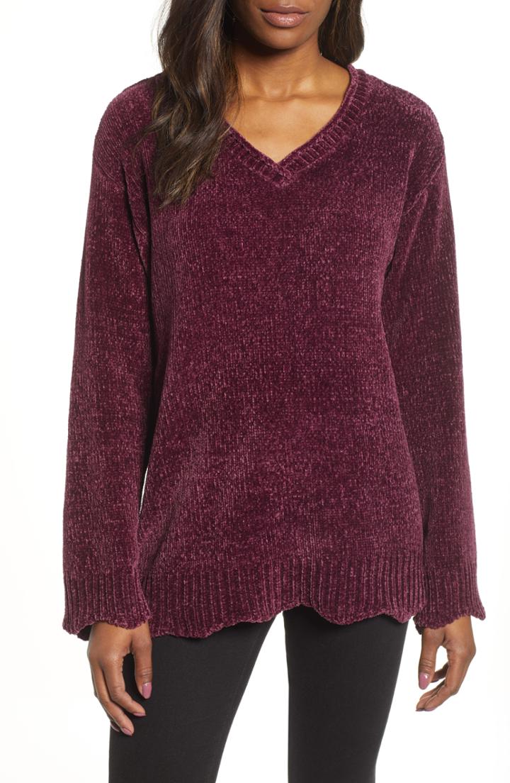 Women's Wit & Wisdom Scalloped Chenille Sweater - Burgundy