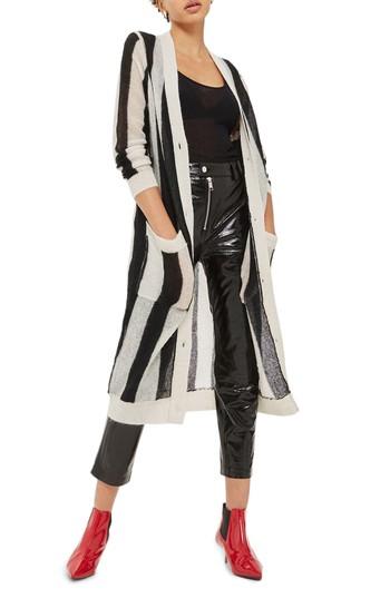 Women's Topshop Stripe Longline Cardigan Us (fits Like 2-4) - Black