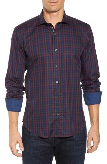 Men's Bugatchi Shaped Fit Herringbone Plaid Sport Shirt - Purple