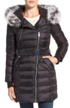 Women's French Connection Quilted Coat With Faux Fur Trim Hood - Black