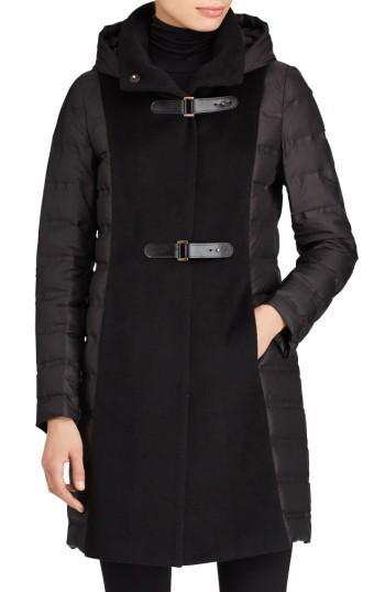 Women's Lauren Ralph Lauren Hooded Mixed Media Coat - Black