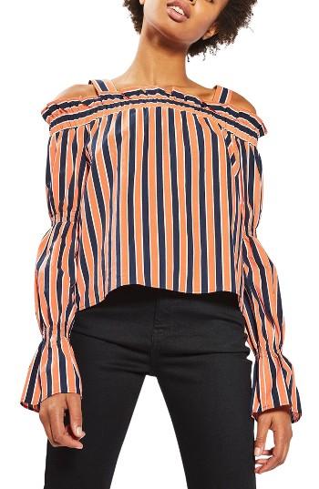 Women's Topshop Stripe Tiered Sleeve Off The Shoulder Top Us (fits Like 0) - Blue