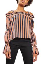 Women's Topshop Stripe Tiered Sleeve Off The Shoulder Top Us (fits Like 0) - Blue