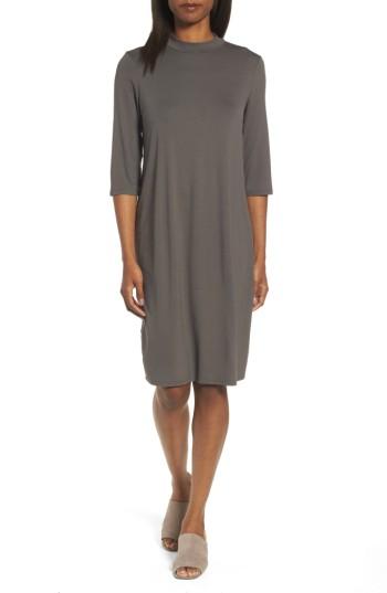 Women's Eileen Fisher Mock Neck Jersey Shift Dress, Size - Brown