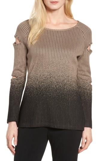 Women's Ming Wang Cutout Sleeve Ribbed Sweater - Grey