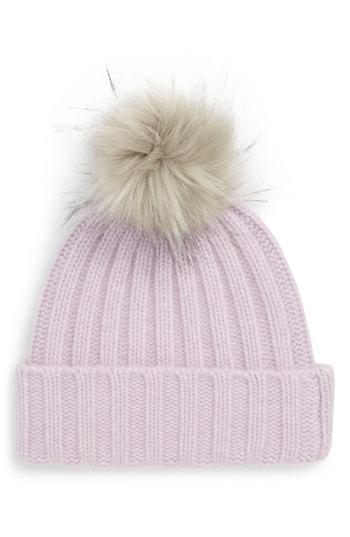 Women's Halogen X Atlantic-pacific Cashmere Beanie With Faux Fur Pom - Purple