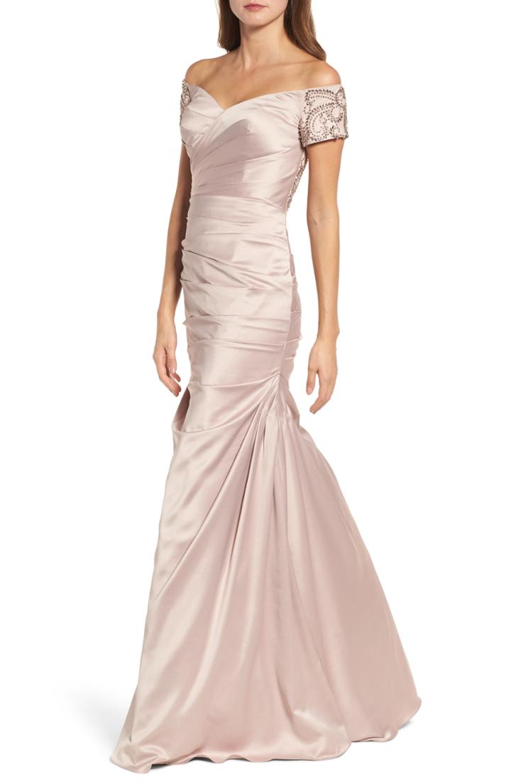 Women's La Femme Beaded Back Off The Shoulder Gown