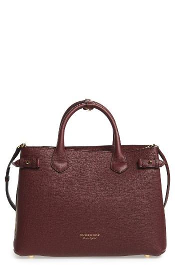 Burberry Medium Banner House Check Leather Tote - Red
