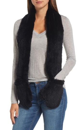 Women's Love Token Genuine Rabbit Fur Scarf With Built-in Mittens, Size - Black