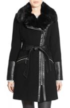 Women's Via Spiga Faux Leather & Faux Fur Trim Belted Wool Blend Coat