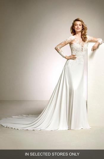 Women's Pronovias Dacil Lace Illusion Yoke & Sleeve A-line Gown