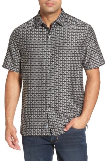 Men's Tommy Bahama Moroccan Squares Standard Fit Silk Blend Camp Shirt, Size - Black