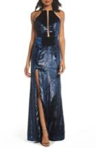 Women's La Femme Open Back Textured Velvet Gown - Blue