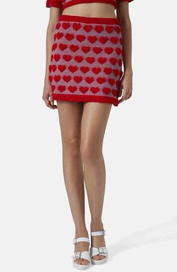 Topshop Plush Heart Knit A-line Skirt Red