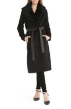 Women's Badgley Mischka Wrap Coat With Genuine Lamb Fur Collar - Black