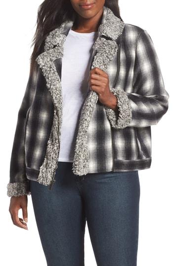 Women's Vince Camuto Faux Shearling Trim Plaid Jacket - Black