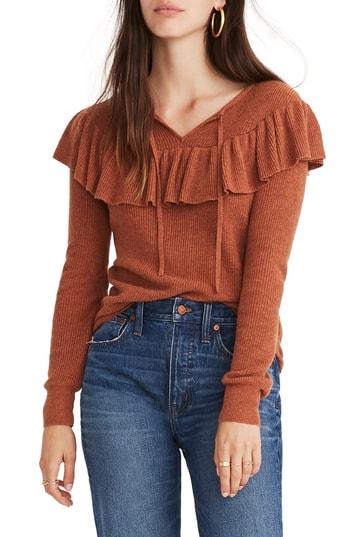 Women's Madewell Ruffled Tie Front Pullover Sweater, Size - Brown