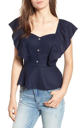 Women's Bp. Flutter Sleeve Peplum Linen Blend Top, Size - Blue