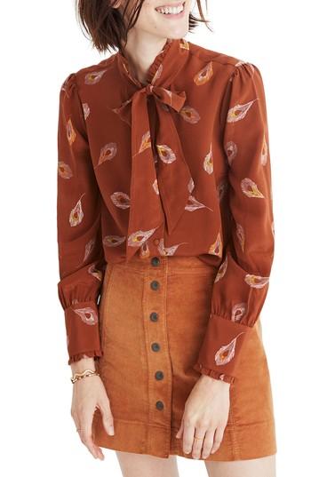 Women's Madewell Feather Print Silk Tie Neck Blouse, Size - Brown