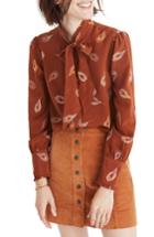 Women's Madewell Feather Print Silk Tie Neck Blouse, Size - Brown
