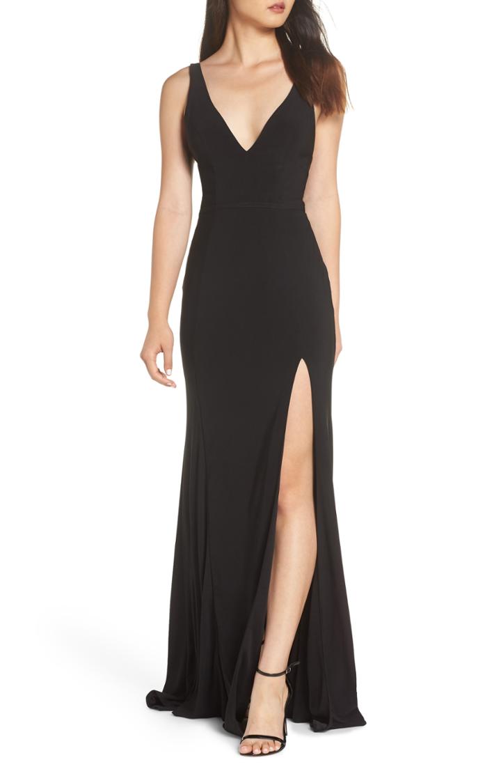 Women's Mac Duggal Plunge Neck Slit Jersey Gown