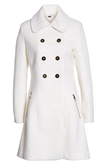 Petite Women's Guess Double Breasted Boiled Wool Peacoat P - White