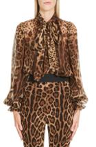 Women's Dolce & Gabbana Leopard Print Tie Neck Silk Blouse Us / 38 It - Brown