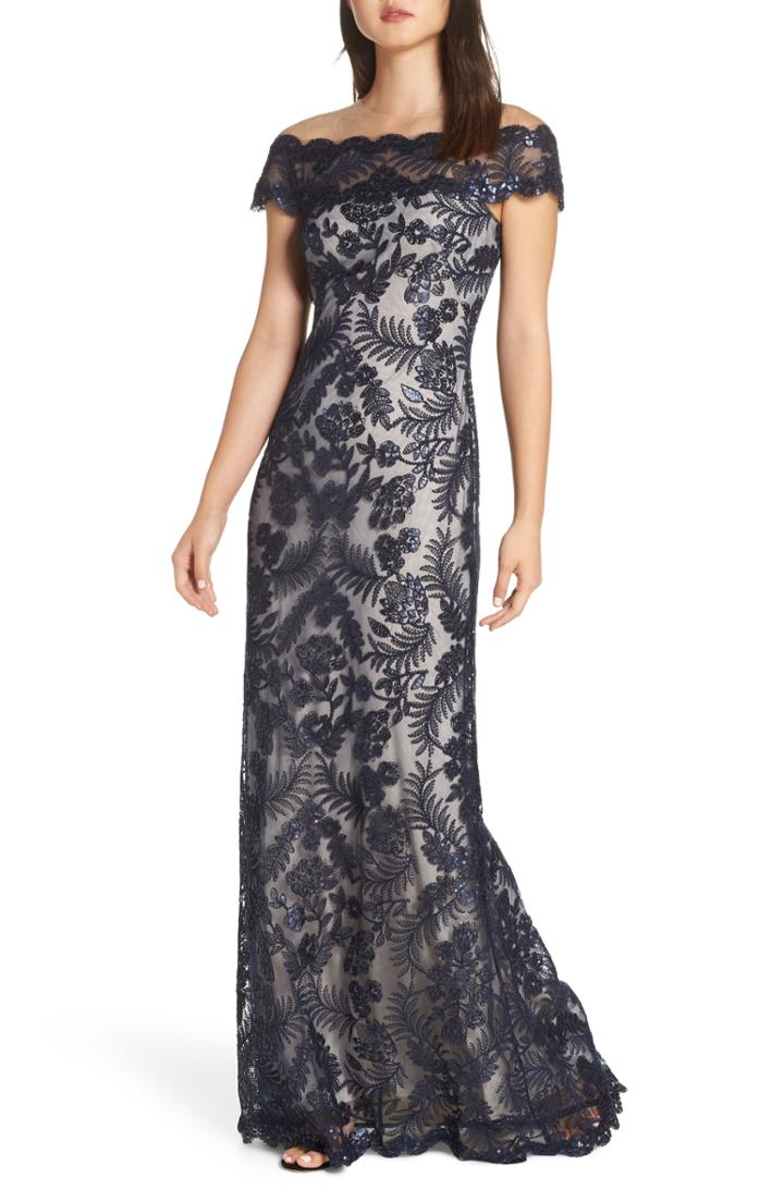 Women's Tadashi Shoji Illusion Neck Sequin Lace Gown - Blue