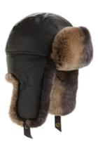 Men's Crown Cap Leather Trapper Hat With Genuine Rabbit Fur - Black