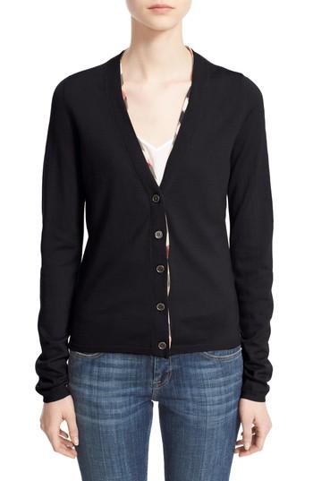 Women's Burberry Check Trim Wool Cardigan - Black