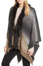 Women's Linda Richards Genuine Raccoon Fur Trim Wool Ruana, Size - Black