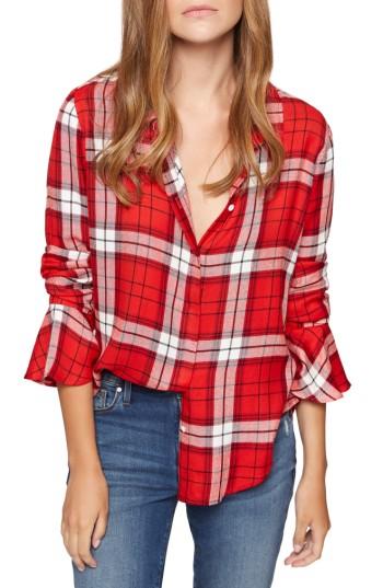 Women's Sanctuary Nightscape Plaid Ruffle Cuff Shirt - Red