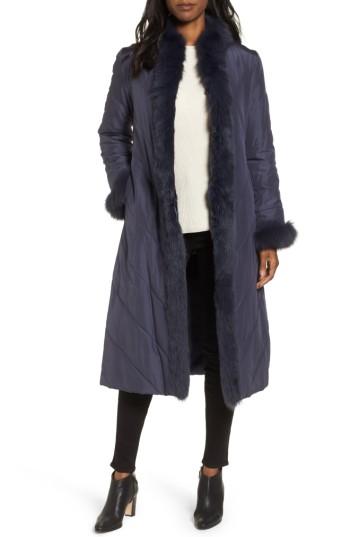 Women's George Simonton Couture Packable Silk Coat With Genuine Fox Fur & Genuine Rabbit Fur - Blue